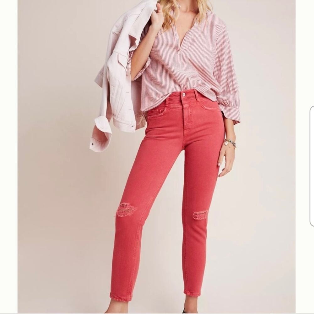 Anthropologie Pilcro Jeans Sz26 Red High-Rise Slim Straight Ankle Distressed NEW